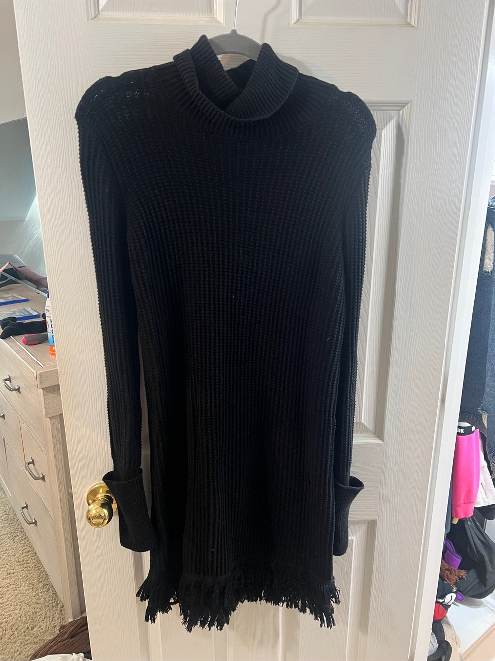 Who What Wear Black Turtleneck Fringe Knit Dress